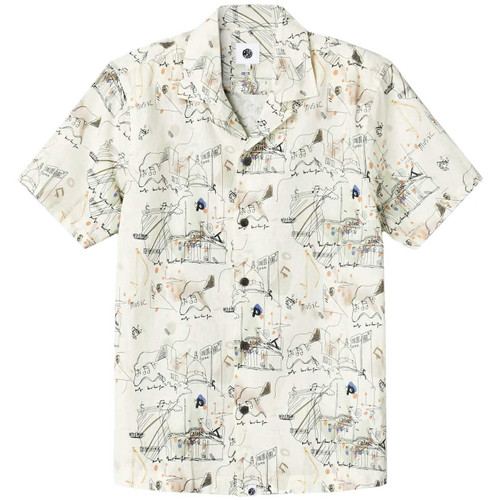 Pretty Green Music Sketch Camp Collar Shirt in Stone G24Q1MUSHT084