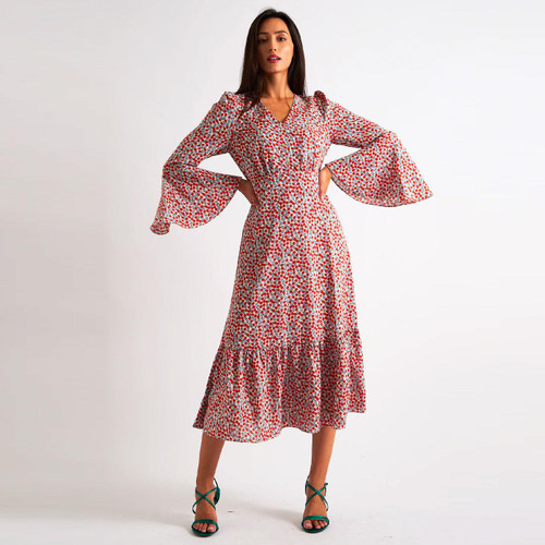 Louche Bathilde Strawberry Fields 70s Flared Sleeve Dress in Red/White