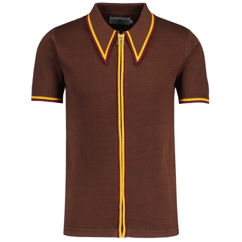 Madcap England Mack 60s Mod Zip Through Textured Knit Tipped Polo Shirt in Brown