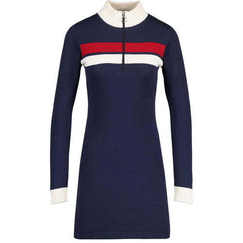 Madcap England Alice 60s Mod Chest Stripe Funnel Neck Knitted Dress in Navy