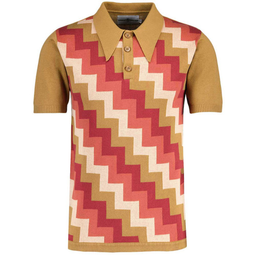 Madcap England Step On Retro 70s Step Jacquard Knitted Polo Shirt in Fall Leaf