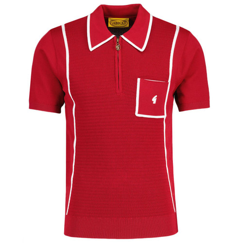 Gabicci Vintage Alfeo Textured Knit Stripe Panel Tipped Zip Polo Shirt in Cherry 