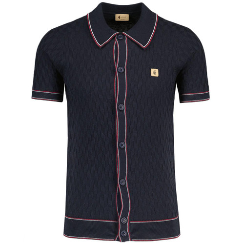 Gabicci Vintage Shaun Textured Diamond Knit Mod Tipped Polo Shirt in Navy