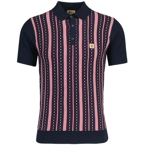 Gabicci Vintage Johnny Mod Dash Stripe Knitted Polo Shirt in Navy