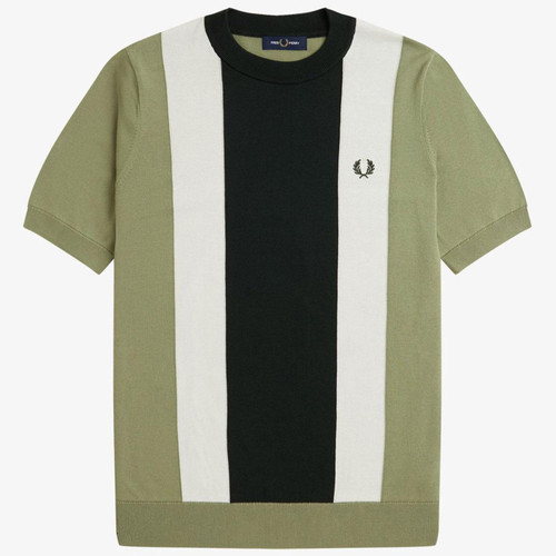 Fred Perry Mod Knitted Stripe Panel T-shirt in Olive K9746 X88 Flat Shot Front