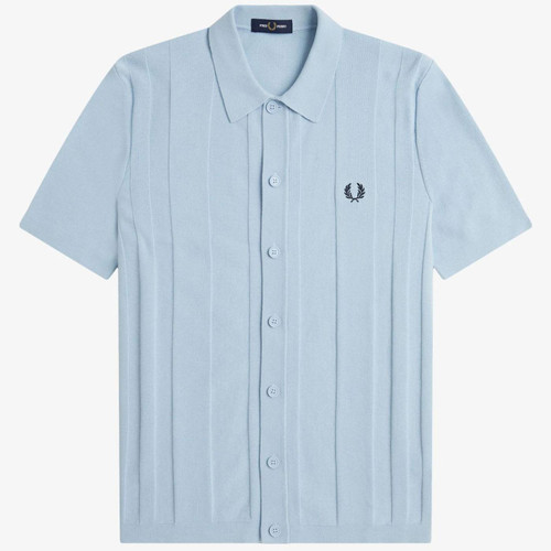 Fred Perry Mod Textured Knit Button Through Shirt in Light Smoke K9727 146 Flat Shot Front