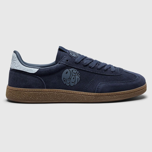 Pretty Green Ramblas Retro 90s Suede Trainers in Navy Pictured from Side