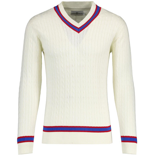 Madcap England Cable Knit V-neck Cricket Jumper in Winter White front picture