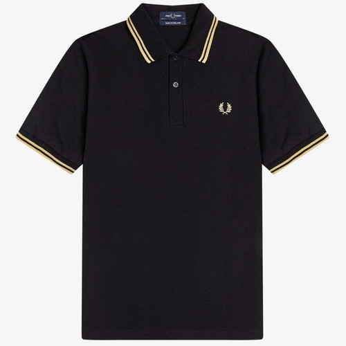 M12 Made in England Twin Tipped Polo Shirt by Fred Perry in Black/Champagne M12 157