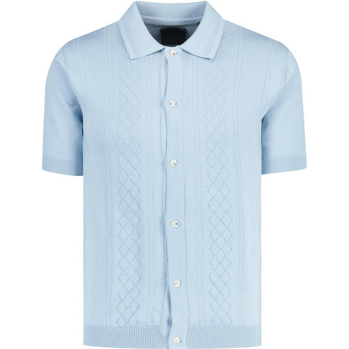 guide london mens pointelle knit vertical pattern button through polo tshirt sky blue