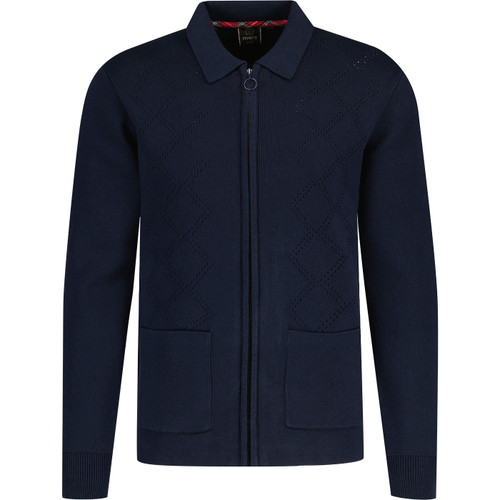 merc london mens philip full needle pointelle knit zip through jacket navy