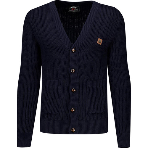 Trojan Men's Retro 70s 80s Chunky Knit Waffle Cardigan in Navy Blue