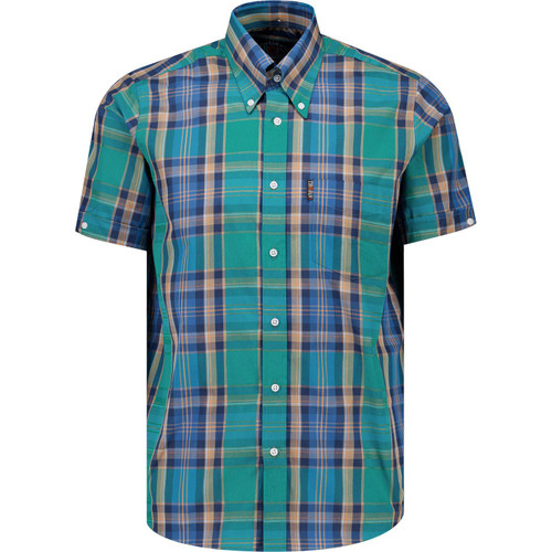 trojan records clothing mens multi check mod button down short sleeve shirt jade green blue