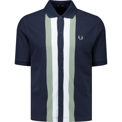 fred perry mens retro panelled button through polo tshirt dark airforce navy