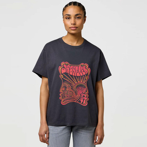 Wrangler Women's Psychedelic Graphic Girlfriend Tee in Faded Black 112373022 Model Photo
