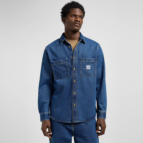 Lee Jeans Retro Mid Blue Denim Workwear Shirt 112370475 Model Front Photo