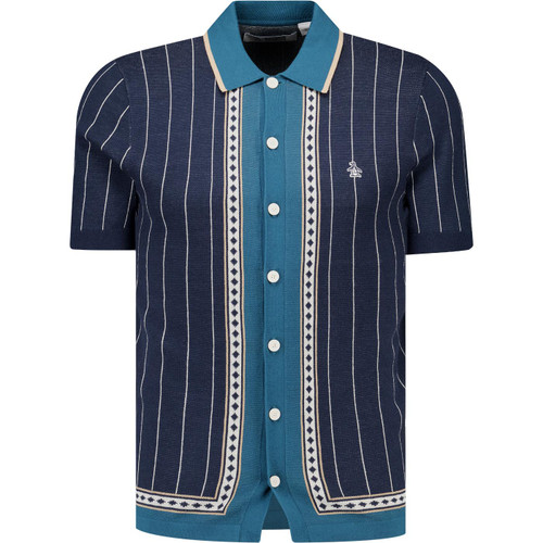 original penguin mens vertical stripe interlock knit button through polo tshirt dark sapphire