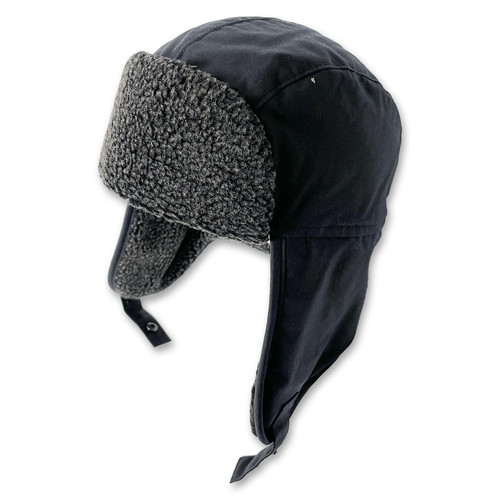 Failsworth Retro 70s Wax Trapper Hat in Navy with Grey Sherpa Trim