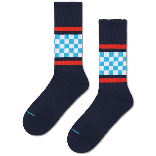 Happy Socks Retro Checked Stripe Sneaker Socks in Navy and Red P004148 