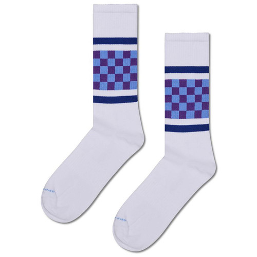 Happy Socks Checked Stripe Retro Sneaker Socks in White and Blue P003230