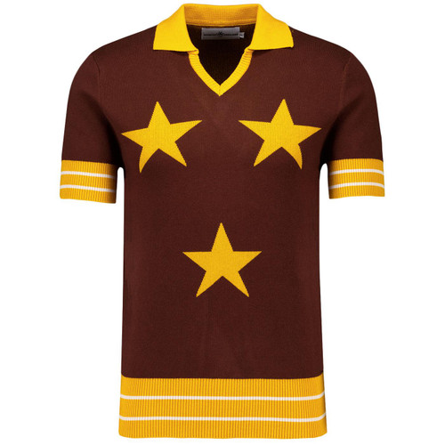 Madcap England Northern Soul Star Knitted Skipper Neck Polo Shirt in Potting Soil