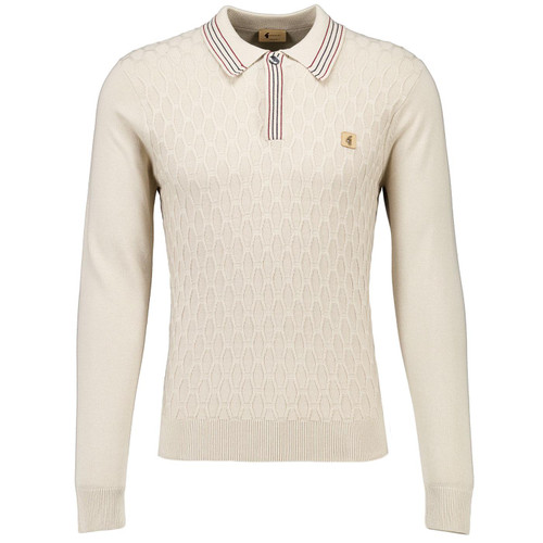 Gabicci Vintage Milton Retro Tipped Cable Knit Front Polo Shirt in Linen