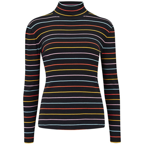 Sugarhill Brighton Emmy Turtleneck Rib Top in Black with rainbow stripe T0974