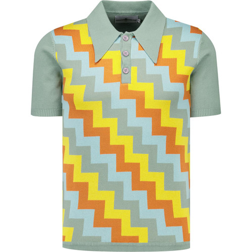 madcap england mens 70s jacquard step pattern knitted polo tshirt lilypad green