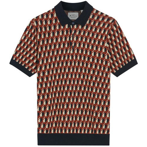 Ben Sherman Men's Retro Geometric Jacquard Knit Polo Shirt in Black 1013022