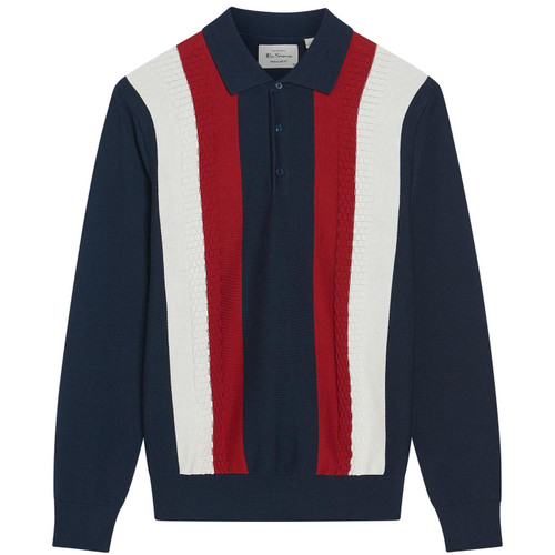 Ben Sherman Long Sleeve Stripe Panel Knitted Polo Shirt with Textured Cable Knit Detail
