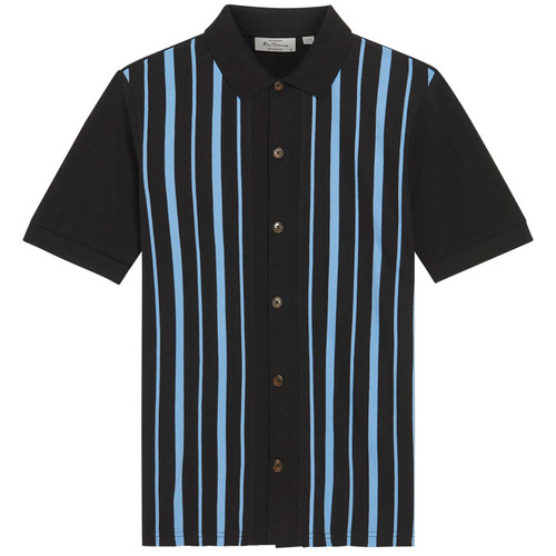 Ben Sherman 60s Mod Button Through Stripe Polo Shirt in Black 1013056 290