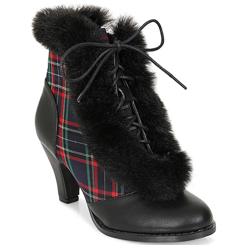 Banned Apparel Chic Charlotte Retro 50s Faux Fur Trim Black Tartan Booties SE71243