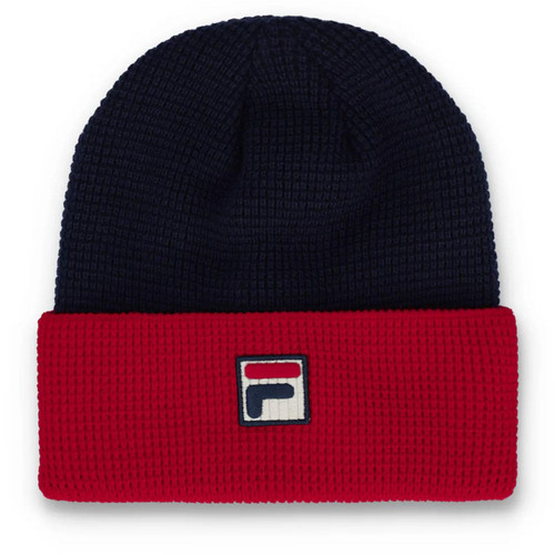 Fila Vintage Rune Retro 70s Knitted Beanie Hat with Turned Up Cuff in Navy and Red