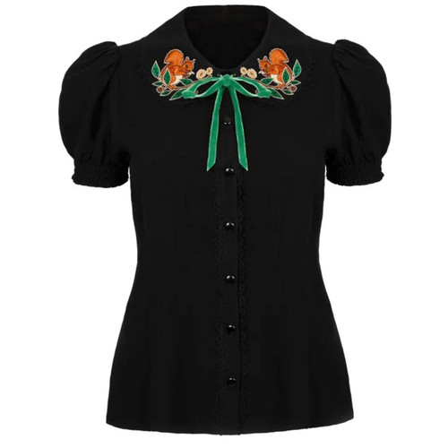 Hell Bunny Chester womens black button up blouse with Autumnal Squirrel Embroidery