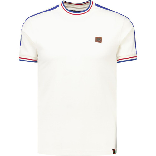 trojan record clothing mens sleeve stripe 3 colour tipped pique tshirt ecru