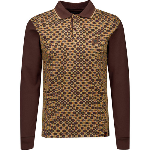 trojan records clothing mens retro geo jacquard textured pattern panel polo neck long sleeve top chocolate brown