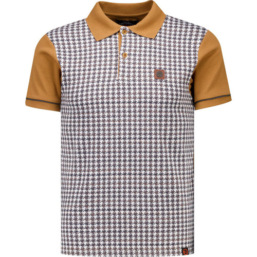 rojan records clothing mens retro 70s houndstooth jacquard panel polo tshirt tan brown