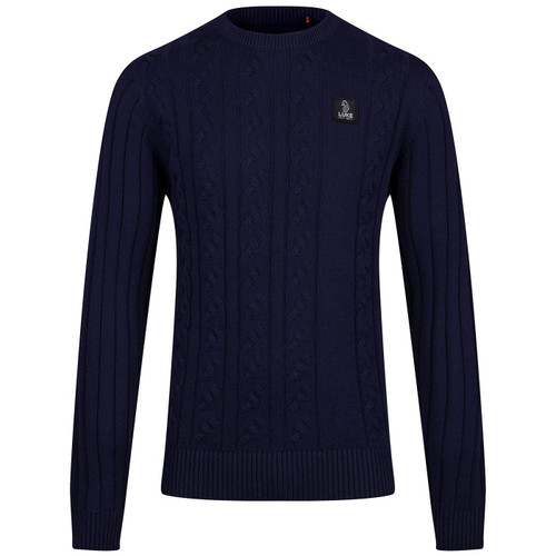 Luke Mitcham Men's Retro Cable Knit Jumper in Navy pictured from front