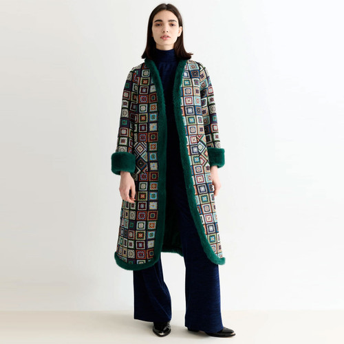 Louche Delphia Retro 70s Patchwork Jacquard Fur Trimmed Maxi Coat in Green