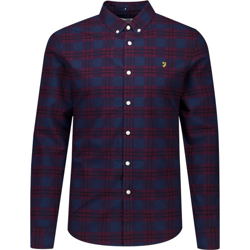 farah vintage mens brewer mod slim fit check oxford long sleeve shirt bordeaux red navy
