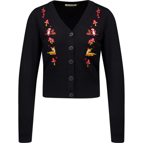 Banned Apparel Nara Forest Friends Retro 50s Cardigan with Autumnal Embroidery in Black