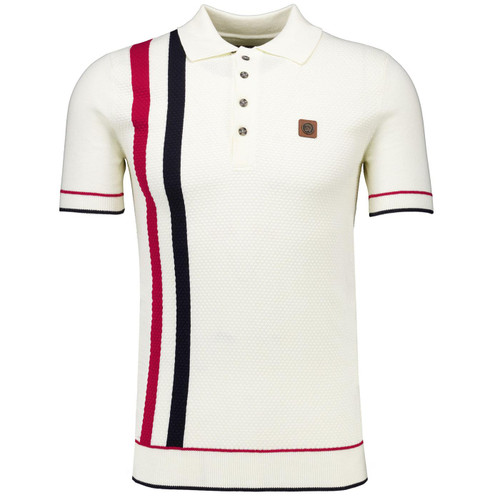 Trojan Men's Mod Waffle Knit Racing Stripe Polo Shirt in Ecru TR9013