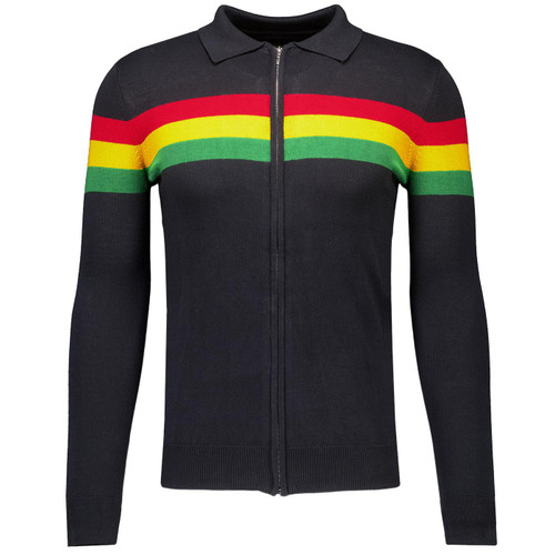Trojan Men's Retro Rasta Stripe Knitted Zip Through Polo Shirt in Black