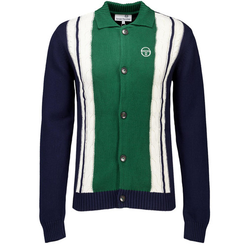 Sergio Tacchini Bruni Retro 70s Chunky Cable Knit Polo Cardigan in Maritime Blue