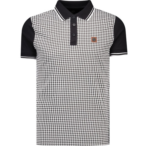 lambretta mens mod twin tipped houndstooth front panel polo tshirt black white