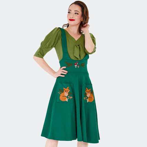 Voodoo Vixen Forest Fox Woodland Embroidered 50s Style Suspender Skirt in Green