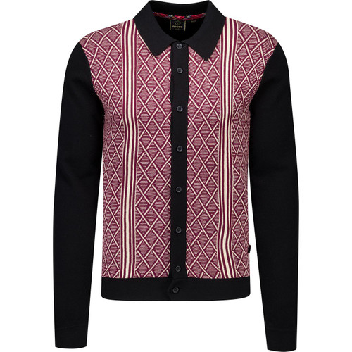 merc london mens diamond pattern jacquard knit panel button through long sleeve polo top cavern black