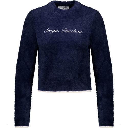 sergio tacchini womens helena logo embroidery brushed knit crew neck jumper maritime blue