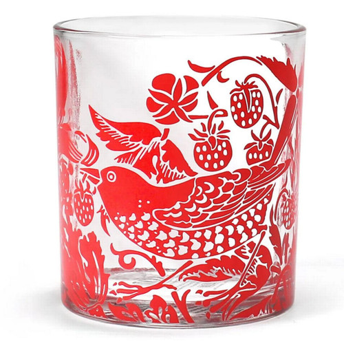 William Morris Strawberry Thief Glass Tumbler in Raspberry by Half Moon Bay - Kitchen and Dining - Drinkware - Front View