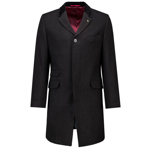 Gabicci Vintage Winston Men's 60s Mod Wool Blend Melton Overcoat in Black with Velvet Collar Main View